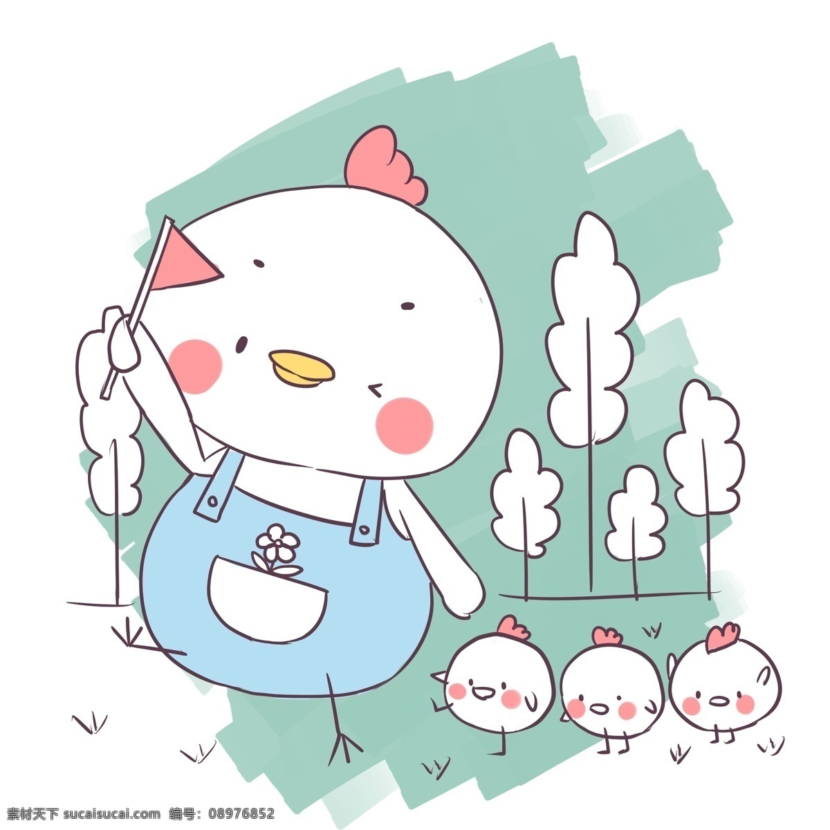 简 笔画 卡通 可爱 动物 小鸡 简笔画 带队 走路 拿小旗子 开心