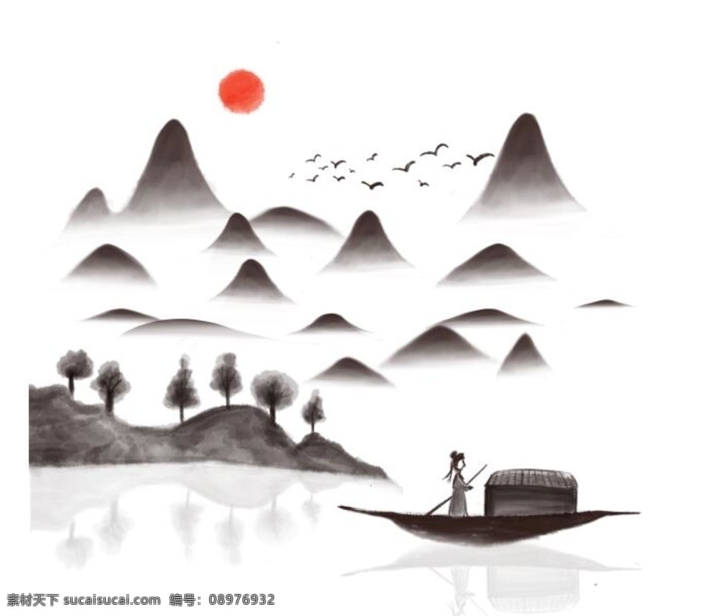 古风水墨远山 手绘水墨山水 中国山水 国画山水 青绿山水 中国画 山水画