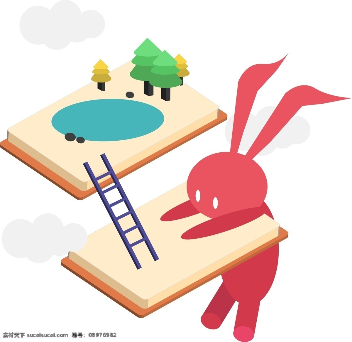 d 立体 风格 兔子 可爱 插画 矢量图 2.5d 粉色 立体画 森林 湖泊 楼梯 探险 贺卡