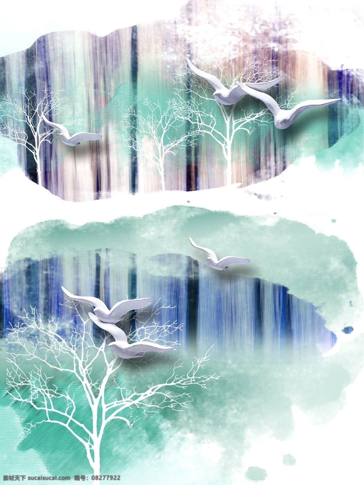 现代 简约 蓝紫色 抽象 竖 条纹 客厅 装饰画 一联画 剪影树 现代简约 水墨 立体浮雕鸟