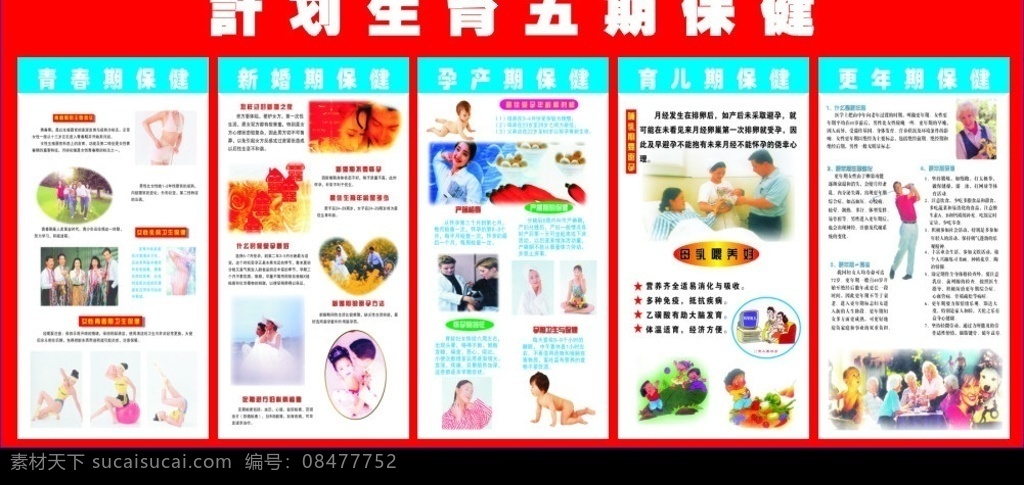 计划生育 五 期 保健 青春期保健 新婚期保健 孕产期保健 育儿期保健 更年期保健 计生宣传图片 矢量图库