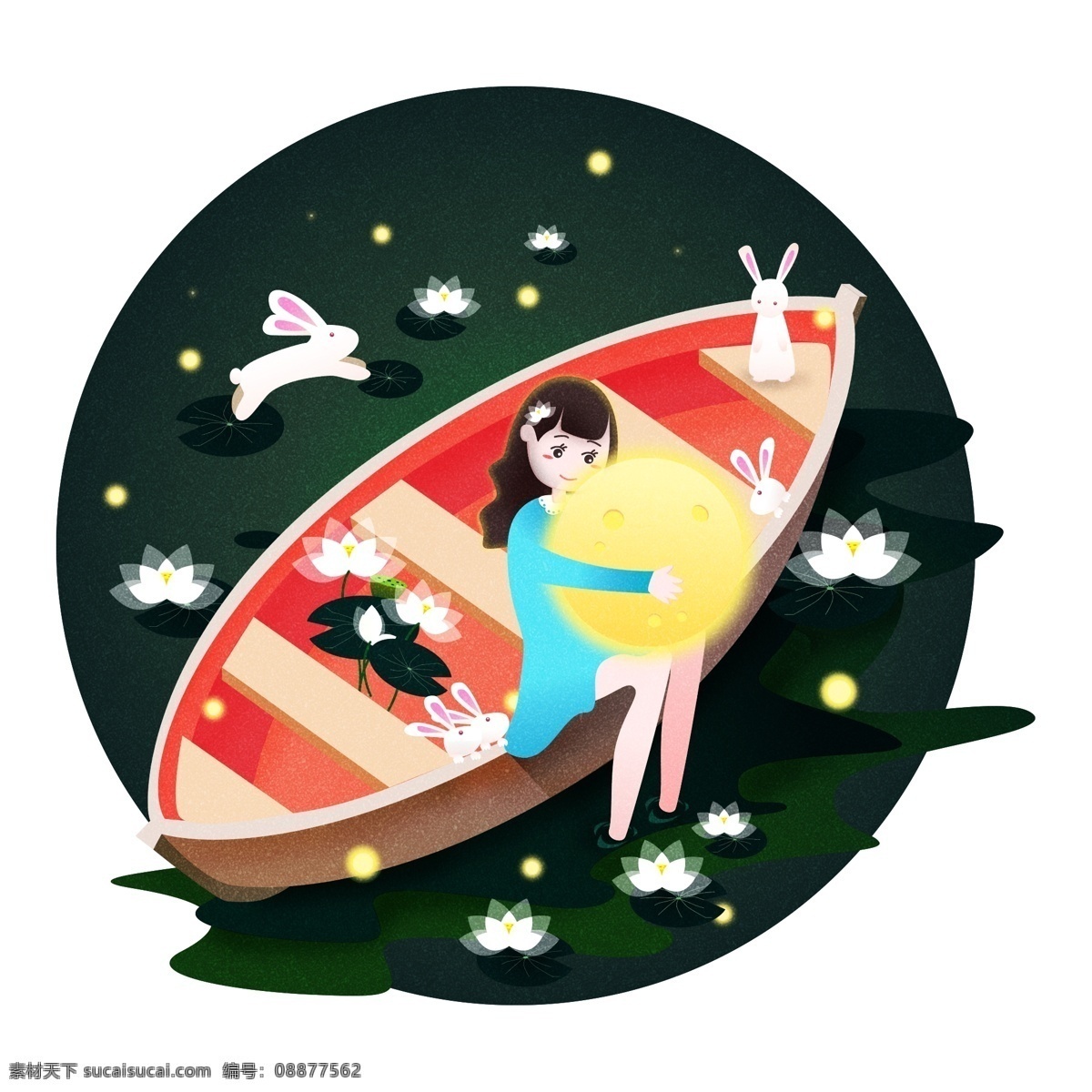 中秋节 月 兔 一起 赏月 矢量 元素 商用 原创 唯美 手绘 小女孩 小船 莲花 玉兔 月兔 明月 河水