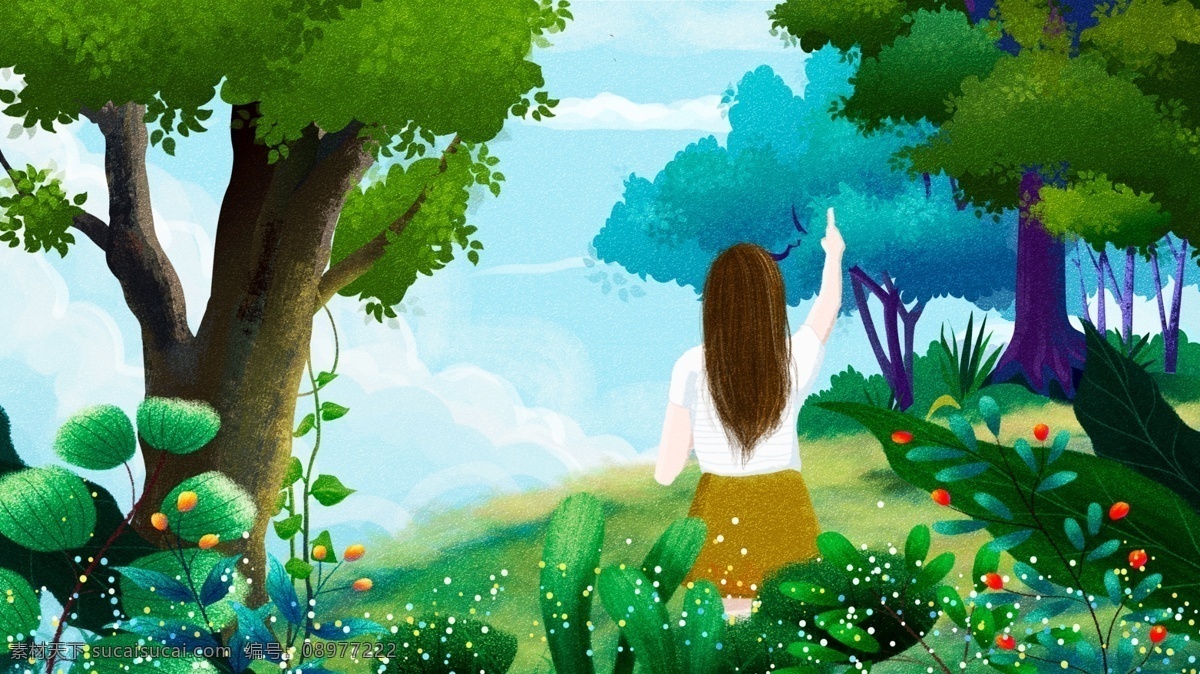 小 清新 早安 你好 手绘 唯美 月 插画 小清新 壁纸 女孩 树林 电商 海报 早安你好 手机配图 1月你好