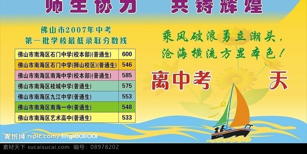 中考 倒计时 宣传画 时间 2007 年 录取 分数线 师生协力 共创辉煌 离中考倒计时 乘风破浪 勇 立 潮头 沧海横流 方 显 本色 帆船 海浪 其他设计 矢量图库