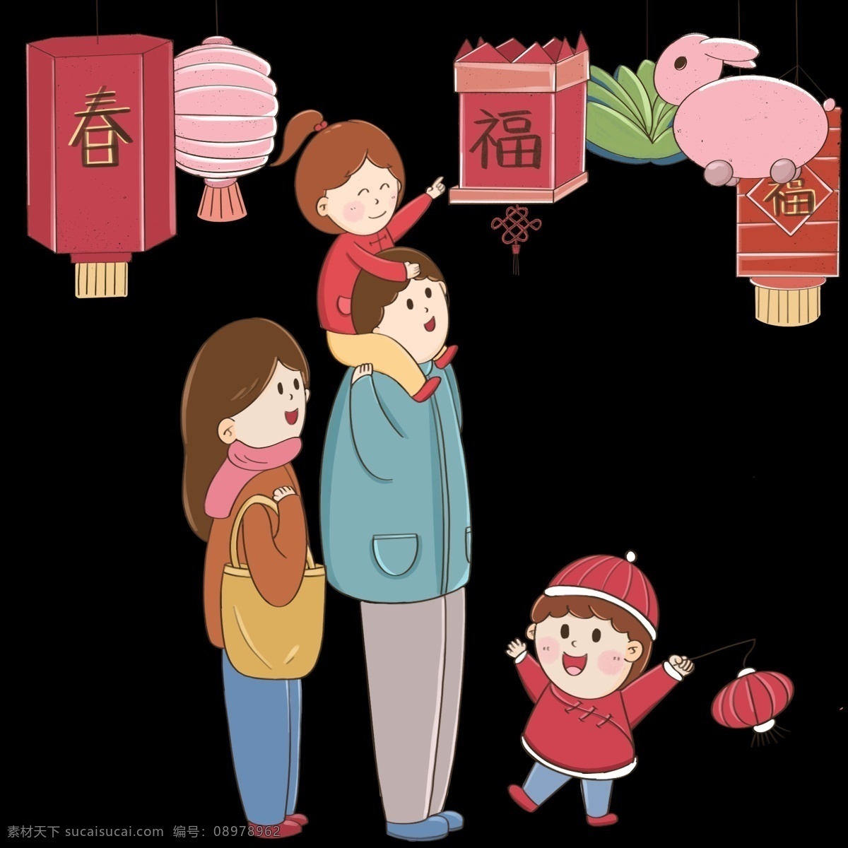 新年 2019 年 一家人 赏花 灯 灯笼 春节 喜庆 卡通人物 装饰画 2019年 过年 团圆 红灯笼 花灯 赏花灯 中国传统节日