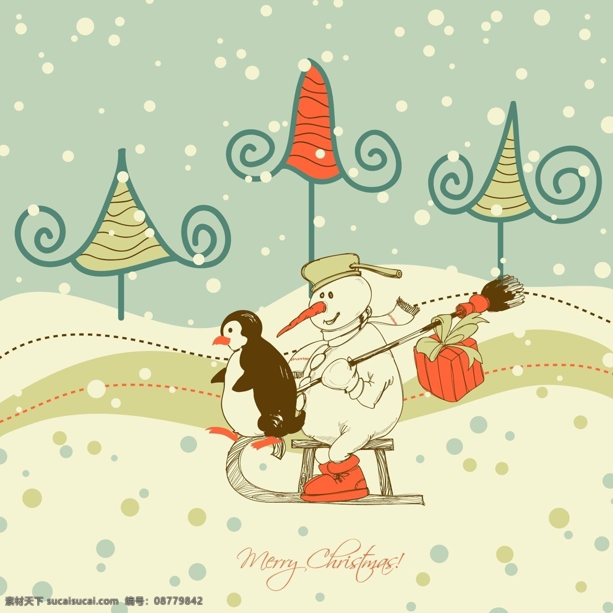 卡通 雪人 卡片 封面 淡雅 礼物盒 企鹅 圣诞树 雪橇 节日素材 圣诞节