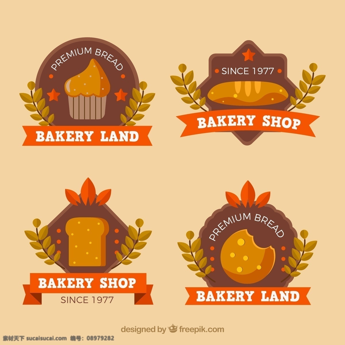 款 创意 面包店 标签 矢量图 烘培 树叶 面包 饼干 纸杯蛋糕 标志图标 公共标识标志