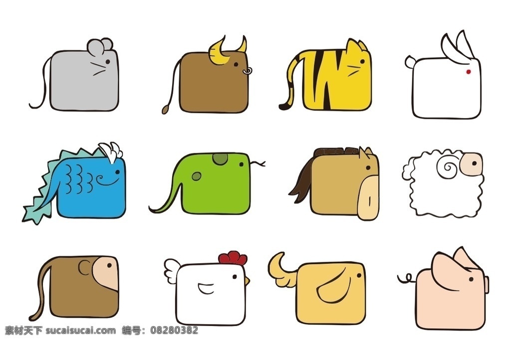 卡通生肖 十二生肖 卡通 矢量 星座 鼠 牛 虎 兔 龙 蛇 马 羊 猴 鸡 狗 猪