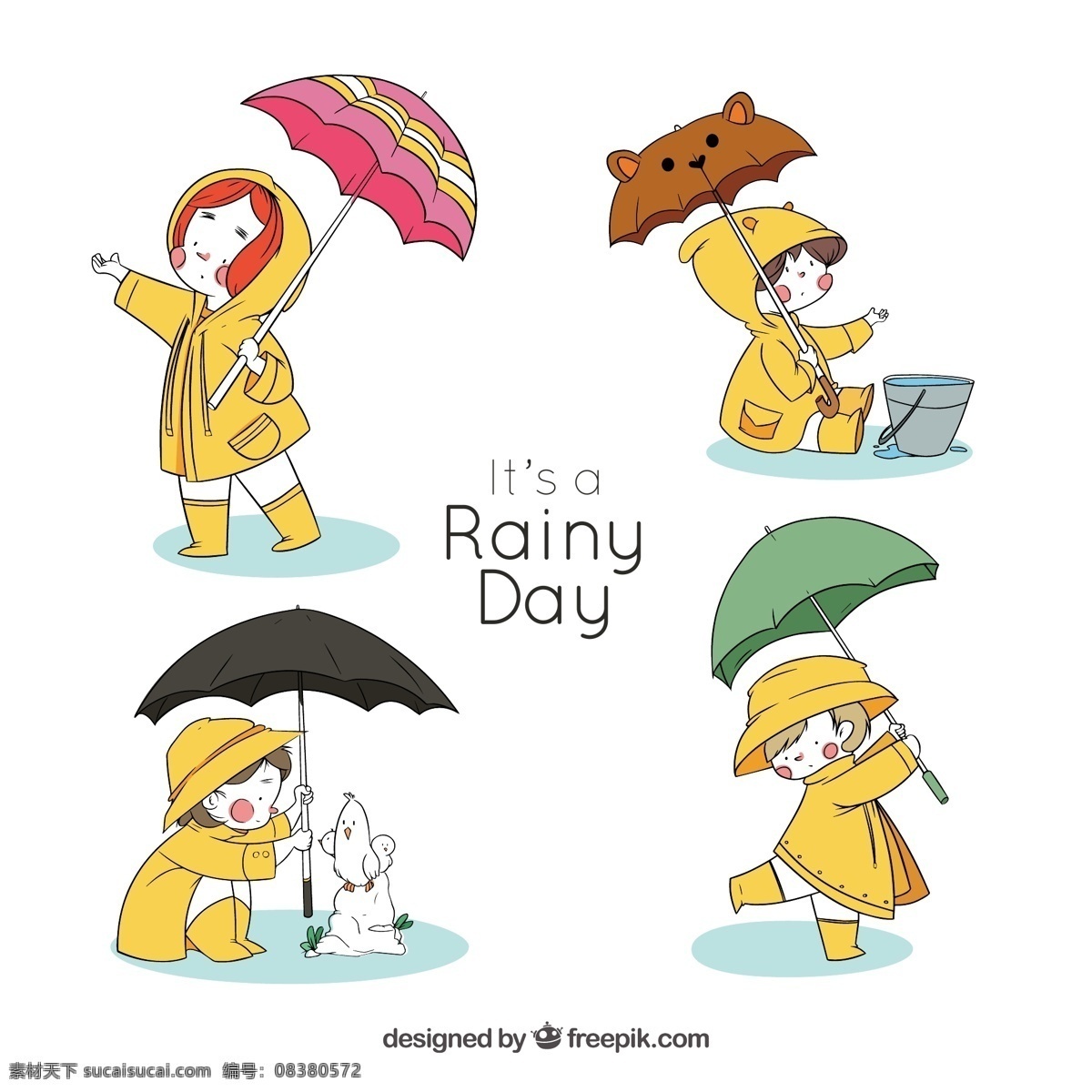 款 彩绘 雨天 打伞 儿童 矢量 小狗 雨伞 绿色 矢量素材 小熊 雨衣 水彩