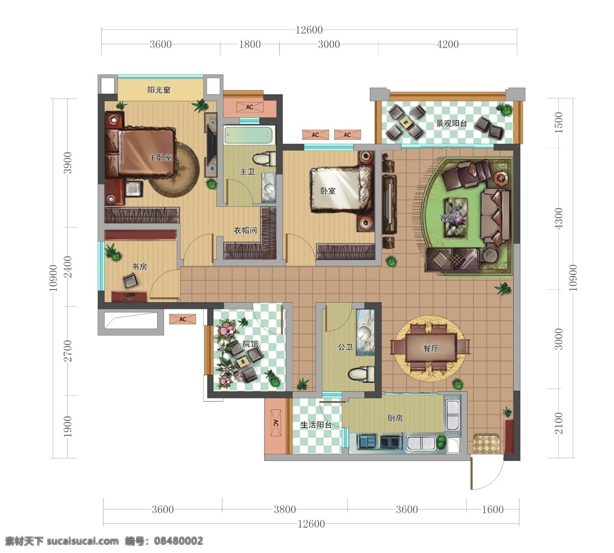 b2a户型 户型 平面 彩色 图 床 餐桌 家具 植物 户型图 家具布置 装修效果