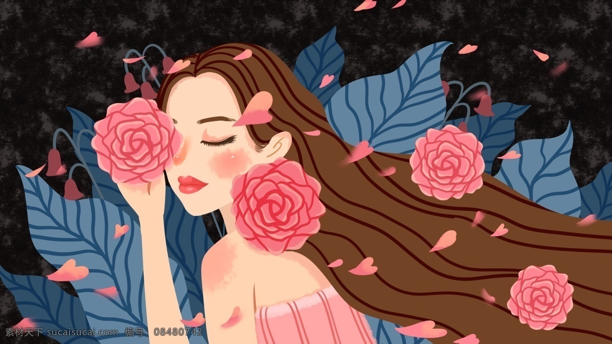美容 日 如花 般 绽放 容颜 少女 插画 花朵 植物 美女 花瓣 美容日 深蓝 红粉佳人 长发 女孩 飘逸 手机屏