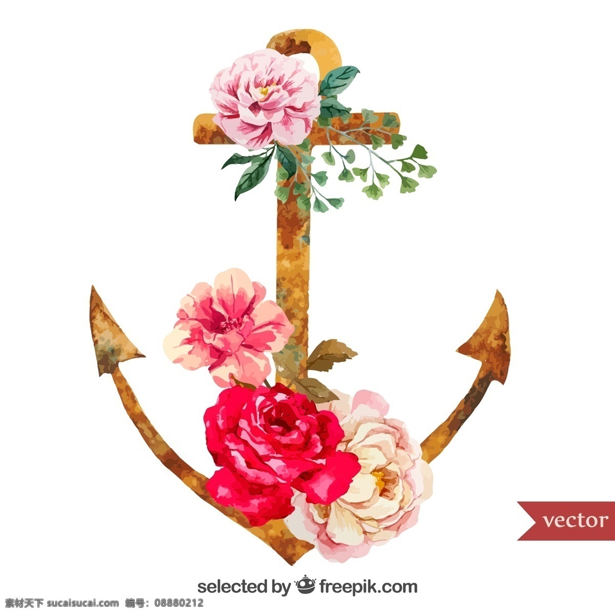 水彩 玫瑰 船 锚 矢量 船锚 玫瑰花 花卉 花朵 叶子 绿叶 植物 彩绘 插画 背景 海报 画册 矢量植物 生物世界 花草