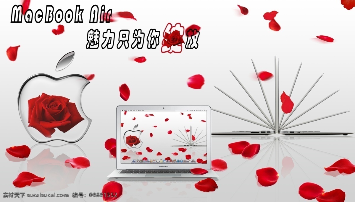 苹果 笔记本 电脑 海报 数码品牌 手提电脑 macbook air系列 纤薄型 玫瑰花 玫瑰花瓣 飘落 玫瑰 花瓣 绽放的玫瑰花 玻璃苹果 数码产品 模板 系列 分层 源文件