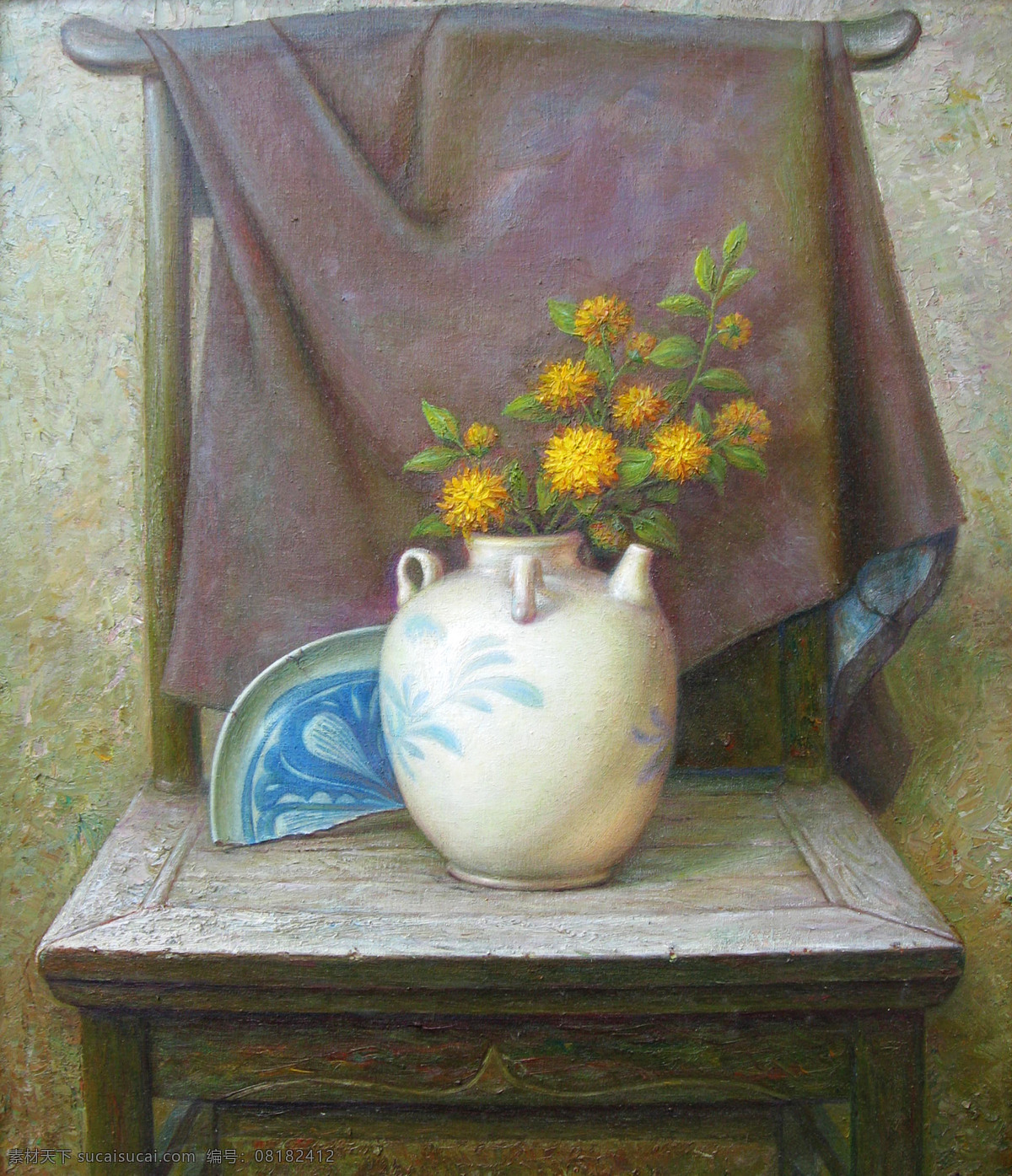 花瓶 绘画书法 菊花 美术 文化艺术 衣服 油画 静静的秋 静物画 木椅 油画艺术 油画作品37 家居装饰素材