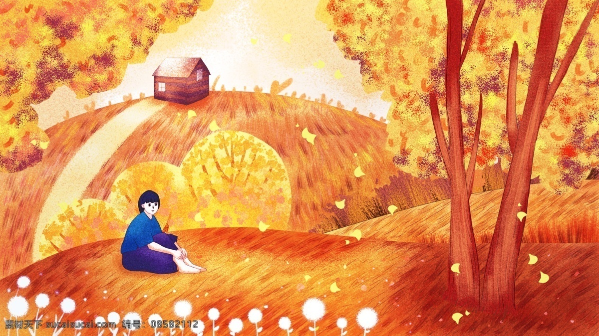 原创 秋天 你好 女孩 静坐 插画 原创插画 金秋 秋天插画 手绘插画 秋天你好