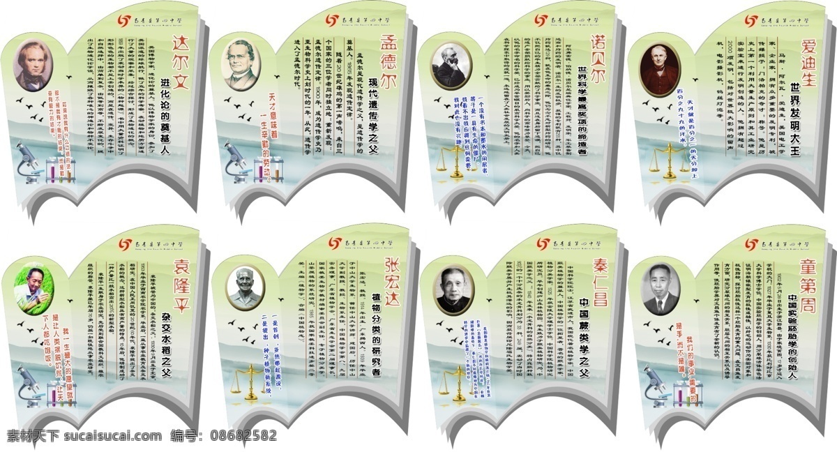 生物学家 生物 生物学 科学家 学校 医院 校园文化 展板模型 达尔文 秦仁昌 张宏达 童第周 袁隆平 孟德尔 诺贝尔 爱迪生 名人名言 ps 一迈绘图 展板模板 广告设计模板 源文件