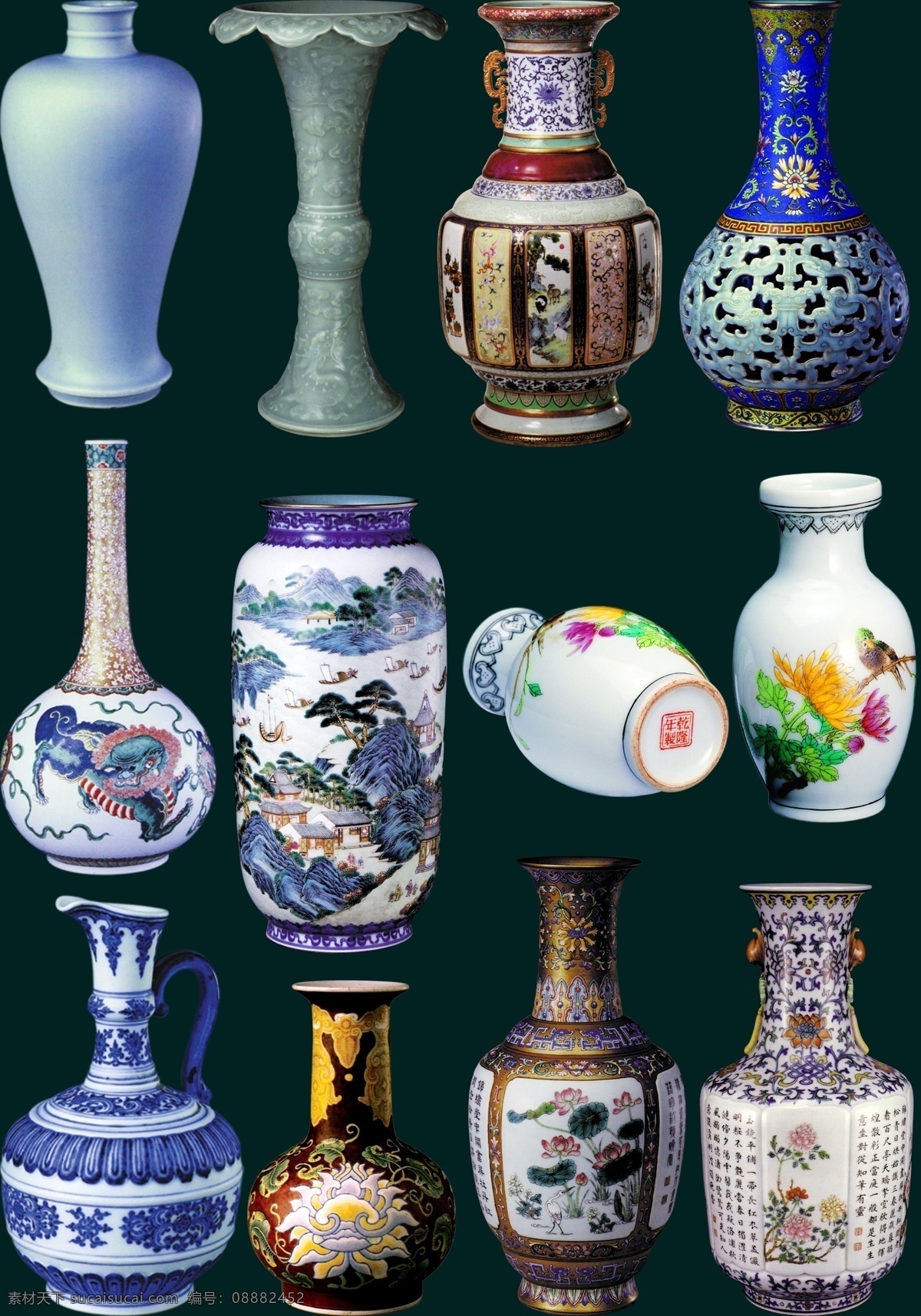 分层 瓷器 雕花 古董 国画 花瓶 镂空 青花瓷 古董花瓶 陶瓷 室内设计素材 家居摆饰 psd源文件