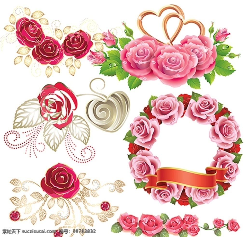 粉红玫瑰 玫瑰花素材 矢量玫瑰 心形玫瑰 红玫瑰 玫瑰特写 玫瑰花图案 玫瑰花圈 玫瑰花边 花卉植物 分层