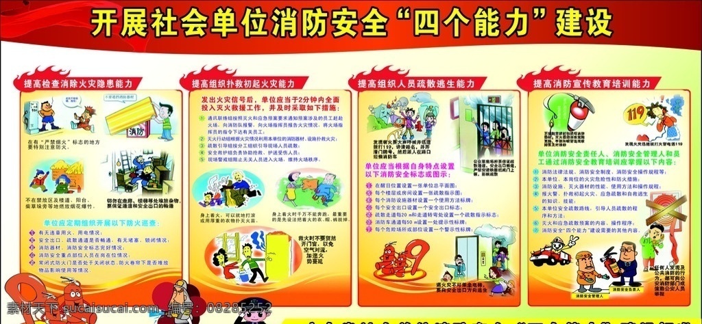能力 建设 宣传栏 四 四个能力 能力建设 消防 消除火灾引患 安全 扑救 初 起火 灾 疏散逃生 宣传教育 消防员 红色背景 展板模板 广告设计模板 源文件 交通安全 其他设计 矢量