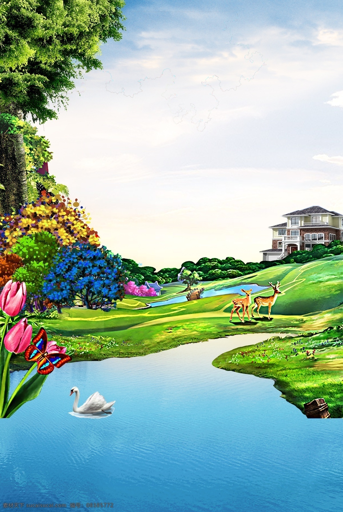彩绘 唯美 别墅区 背景 仙境 唯美背景 海报背景 地产广告 地产海报 美景 房产背景 地产 房地产背景图 高端地产 房地产 活动 地产活动