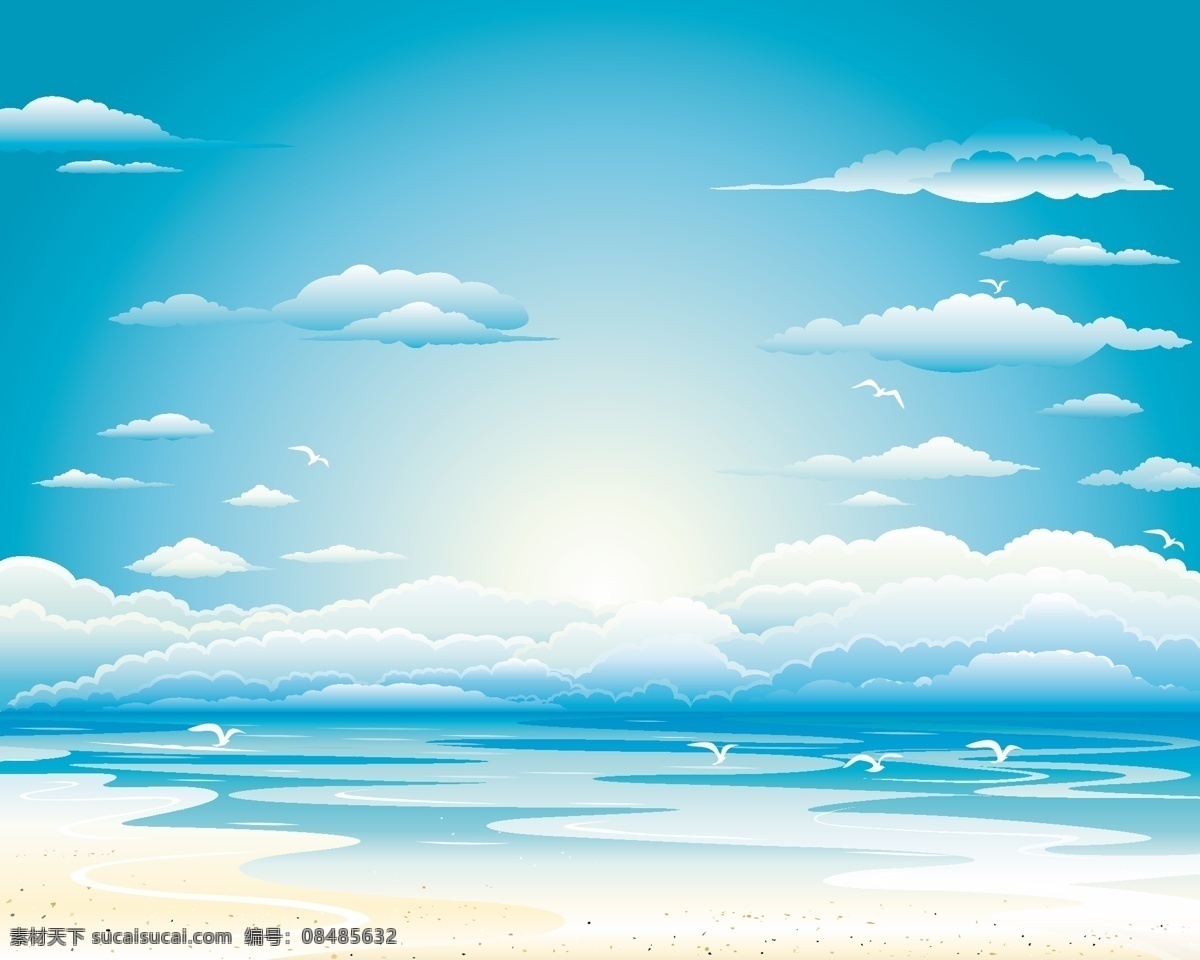 天空 海洋 大海 自然风景 手绘风景 蓝天 白云 沙滩 海鸥 手绘 卡通风景 设计素材 装饰画 自然景观 自然风光