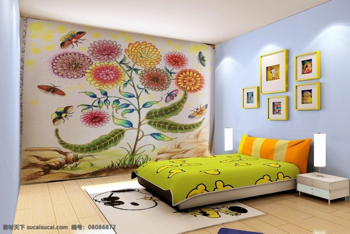 卧室 背景 墙 手绘 图案 秘密花园 背景墙效果图 壁画 壁纸 家居设计 黄色