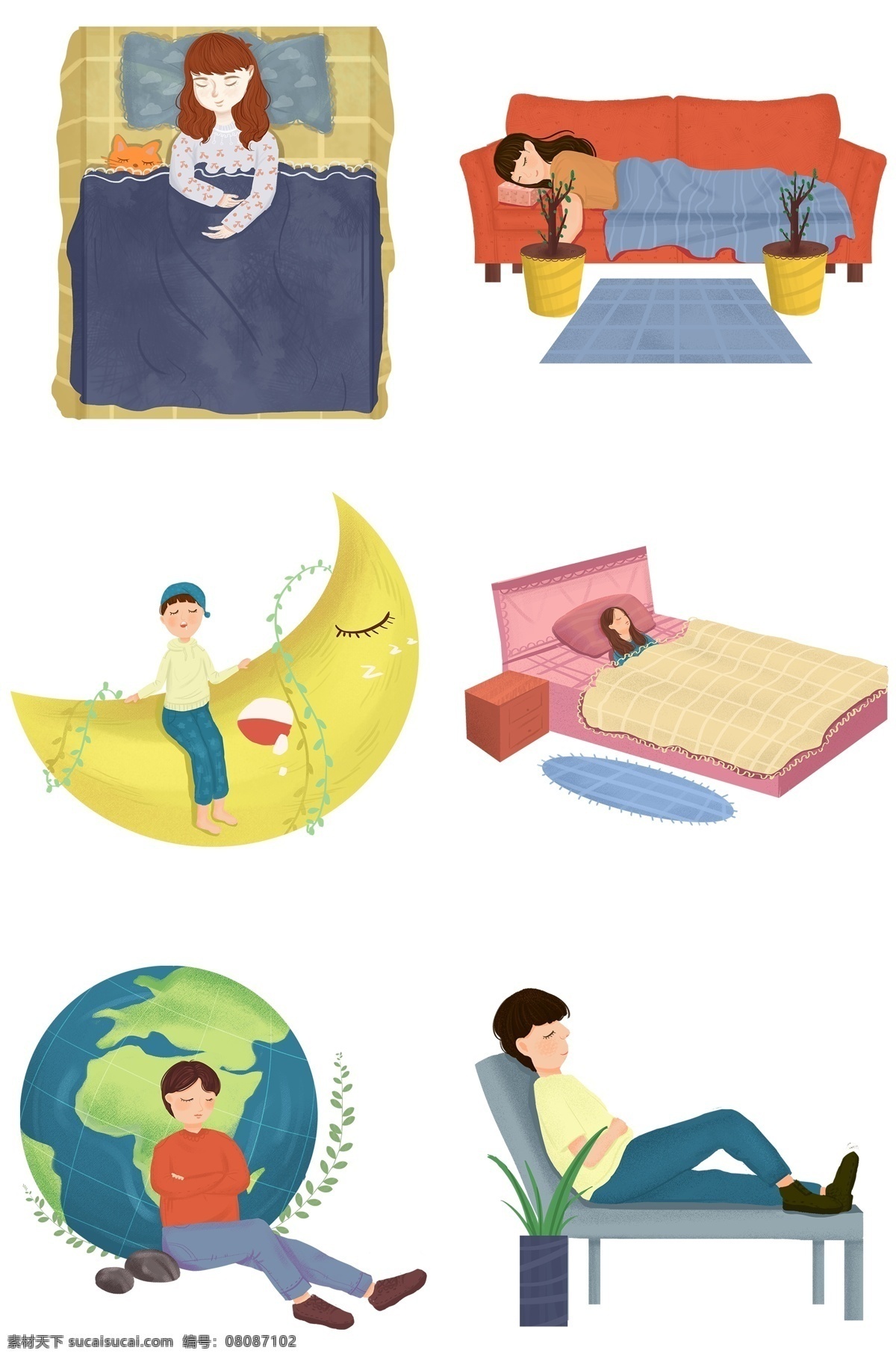 世界 睡眠 日 合集 插画 睡觉的女孩 卡通插画 睡觉插画 睡眠插画 做梦插画 休息插画 弯弯的月亮