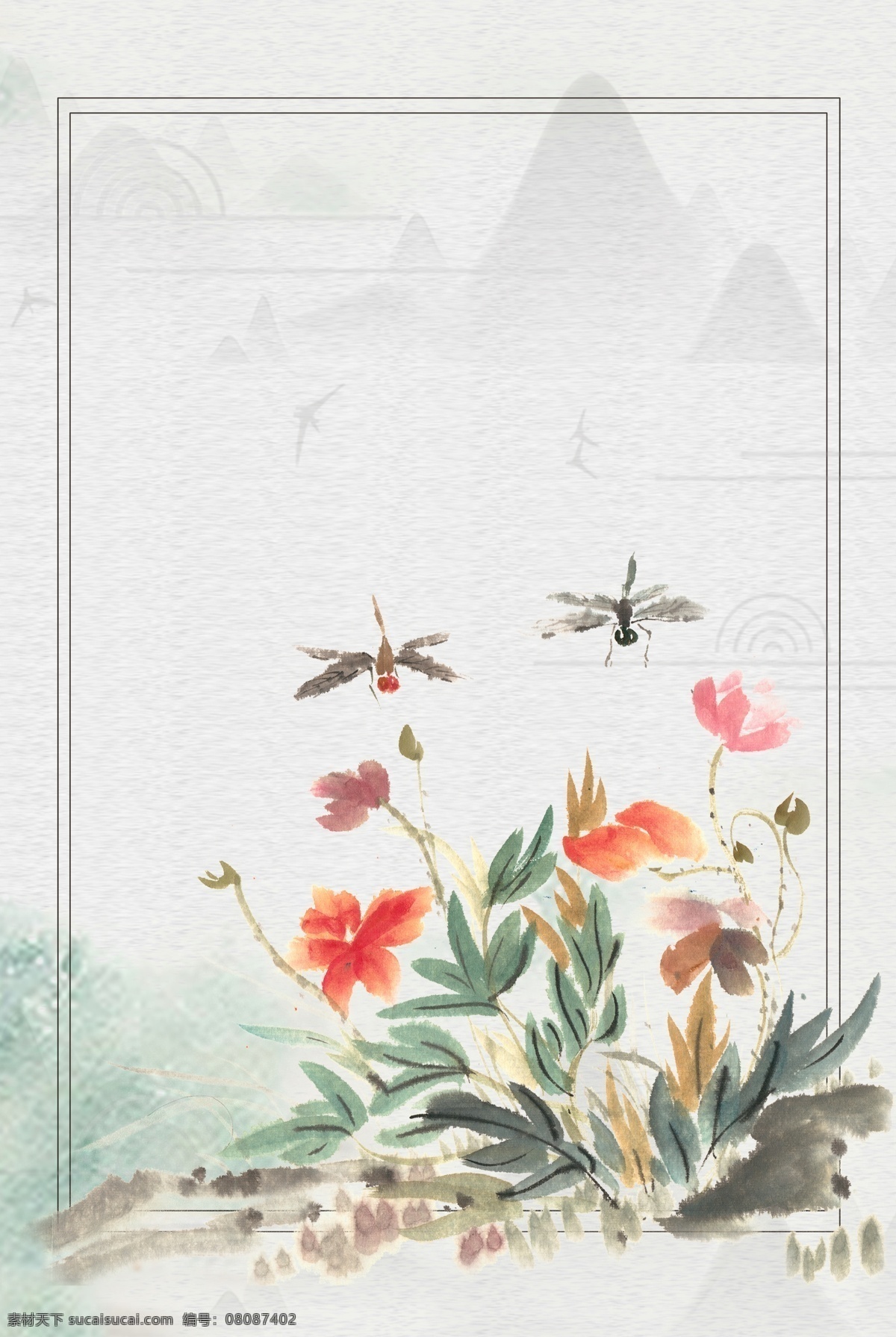 蜻蜓 花朵 中国 风 工笔画 背景 背景图片 中国风 窗台 传统 古风 花鸟画 唯美 古典