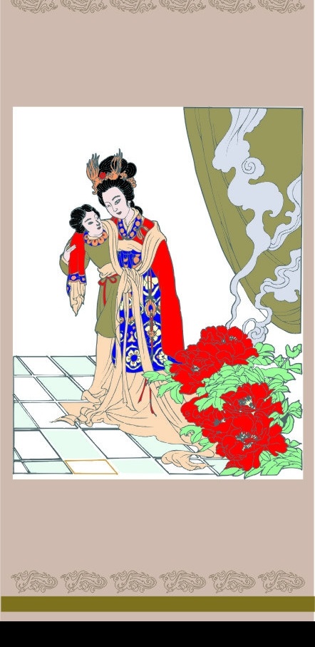贵妃醉酒 贵妃 侍女 国画 牡丹 文化艺术 传统文化 矢量图库