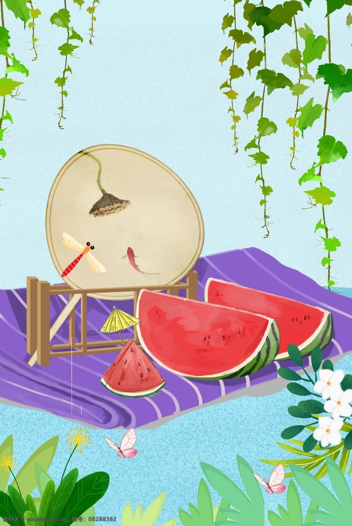 夏季 水果 蓝色 扁平 风 背景 banner 扁平风背景 海报 淘宝 天猫 psd源文件