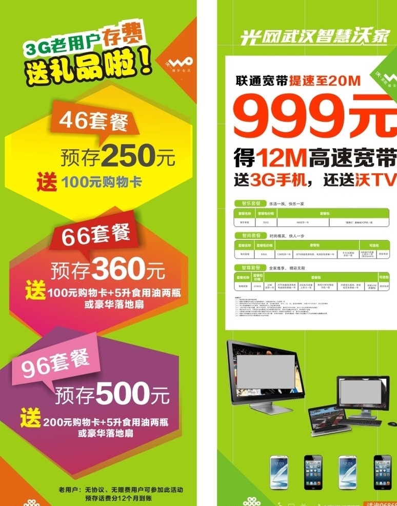 联通活动展架 联通充值送费 高速宽带 套餐送礼 沃tv 46元套餐 66元套餐 96元套餐 光网武汉 智慧沃家 矢量