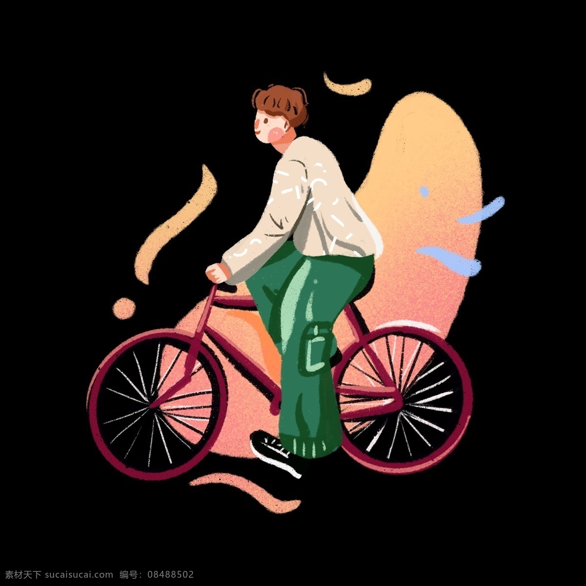 韩 系 插画 骑 自行车 男孩 手绘 免 抠 工装裤 孤独 红色自行车 banner 手绘插画 彩色系插画