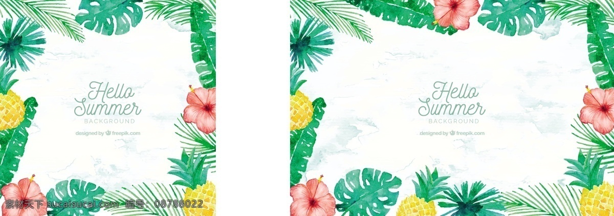 夏季 水彩 风格 植物 水果 背景 菠萝 树叶 绿色 植物边框 夏天