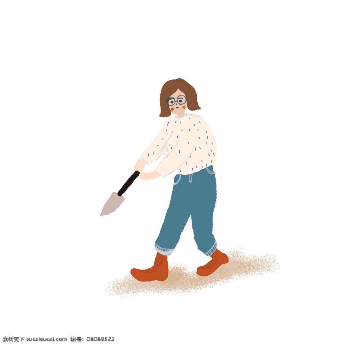复古 肌理 小 铲子 女孩 复古肌理 插画 手绘 可爱 植树 女生 人物