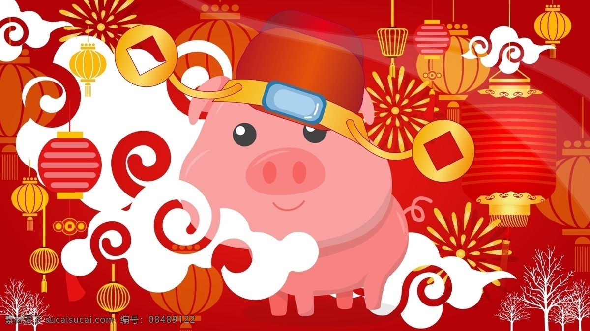 大红 猪 新年 祝 快乐 手机 插图 红色 云 烟花 金色 插画 大红猪 红灯笼 招财进宝 喜气洋洋 祥和 冬 祝福 美好 愿景 期许 欢度春节 新年好 矢量 配图 手机配图 qq配图 文章配图 公众号配图 微博配图 欢喜