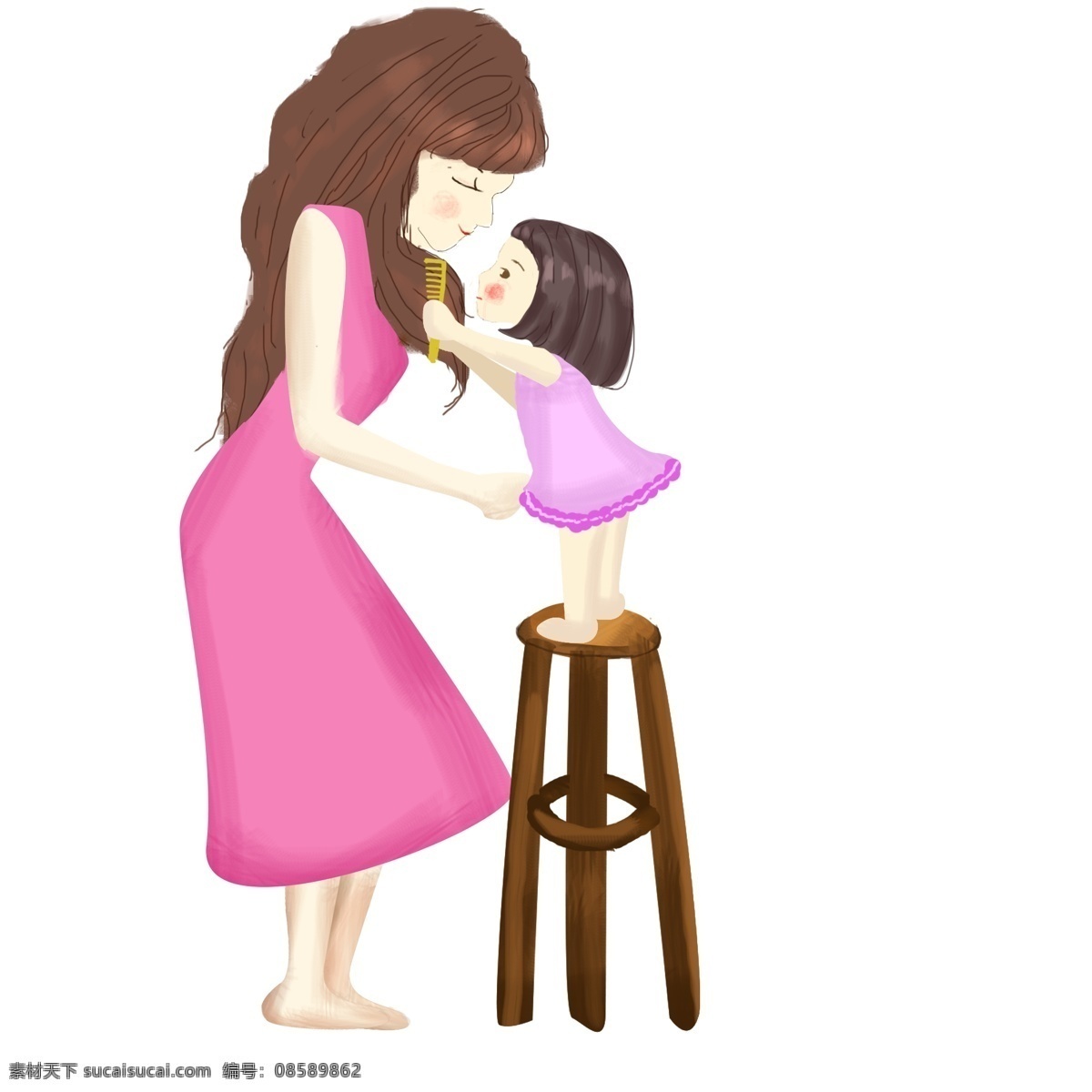 母亲节 母 女儿 母亲 梳头 手绘 母女 女儿母亲梳头 水彩 卡通 人物 感恩母亲节 母亲节快乐