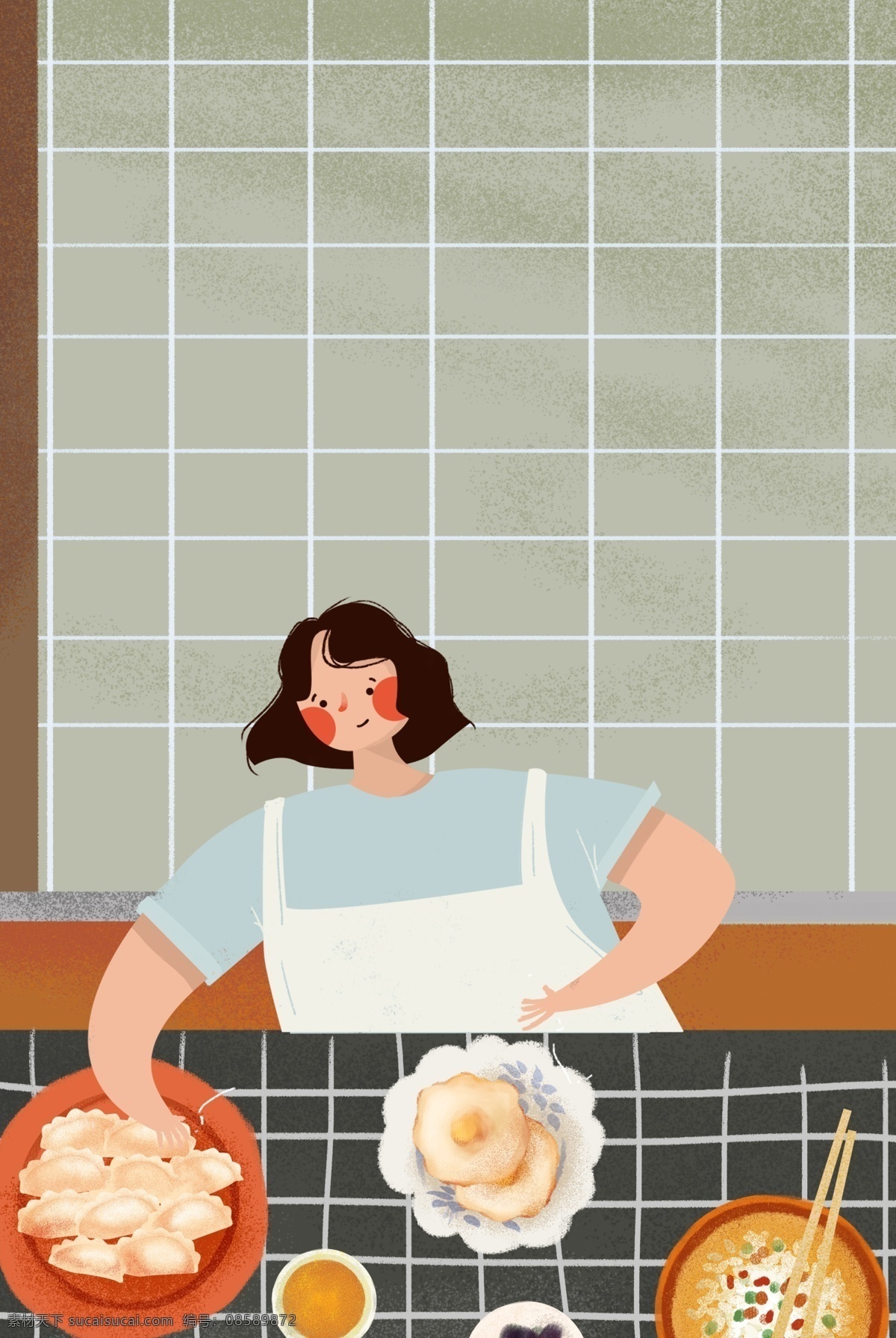 美食 做饭 少女 家居 插画 海报 假日 时光 女孩 人物 插画风 促销海报