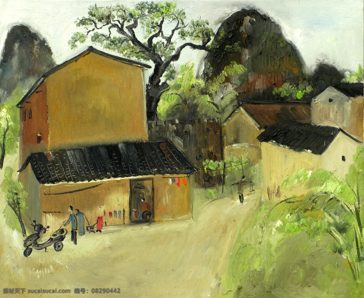 房屋 风景画 绘画书法 美术 农村 农家 人物 山峰 乡村 风景 设计素材 模板下载 乡村风景 油画 村道 树木 油画艺术 油画作品43 文化艺术 装饰素材 山水风景画