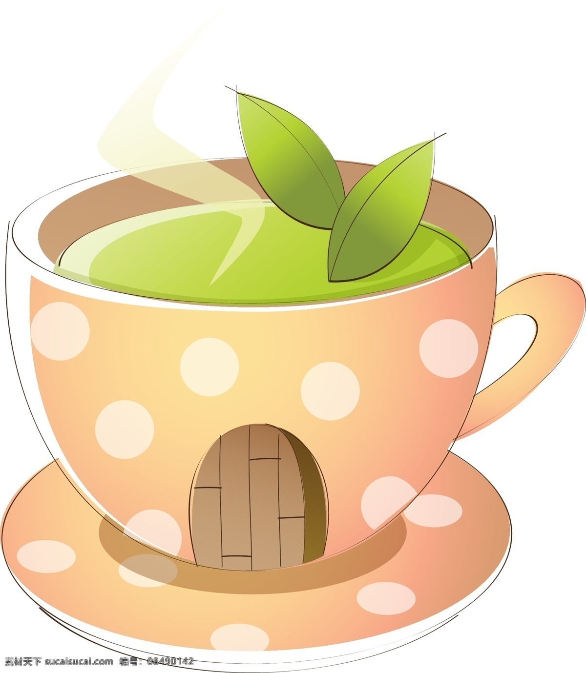 手绘 绿叶 茶杯 清新 悠闲 休闲 矢量 波点 桔色 下午茶