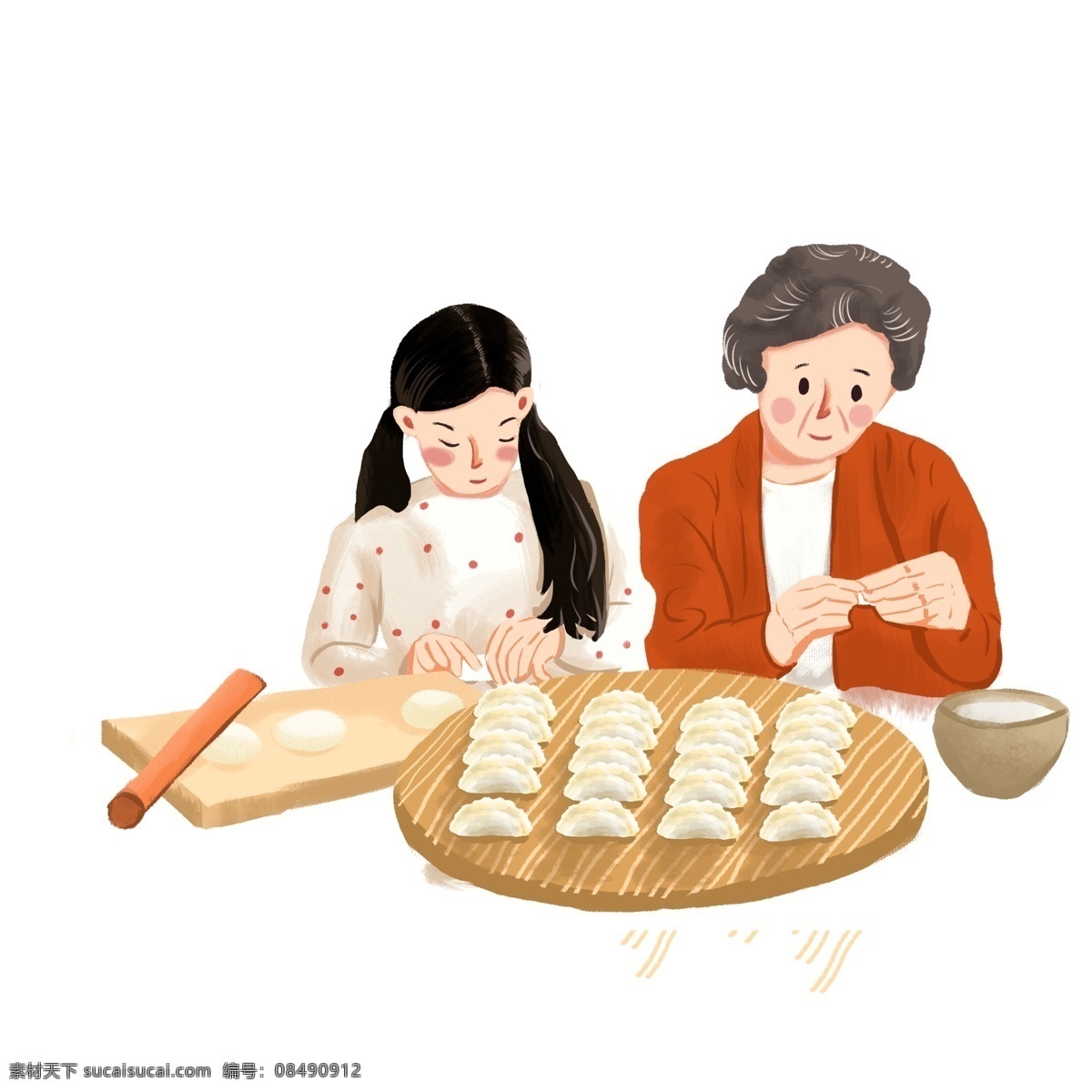 手绘 过年 包 饺子 祖孙 俩 插画 春节 奶奶 人物 包饺子 孙女 擀面杖