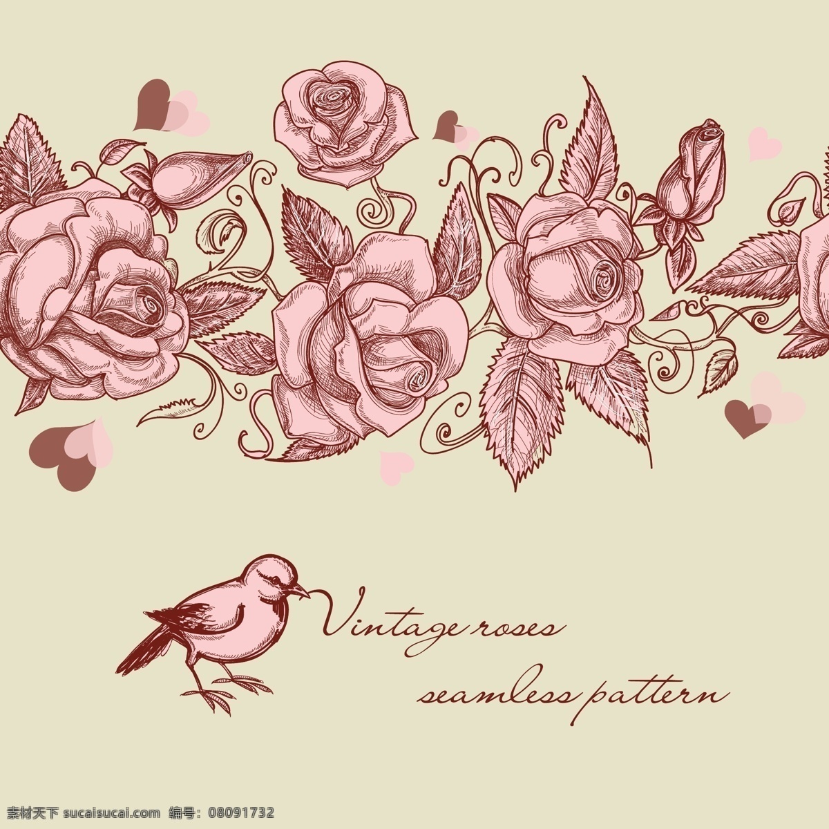矢量 手绘 复古 玫瑰 花纹 背景 插画 玫瑰花 玫瑰花边框 欧式复古 矢量素材 手绘图 矢量图 花纹花边