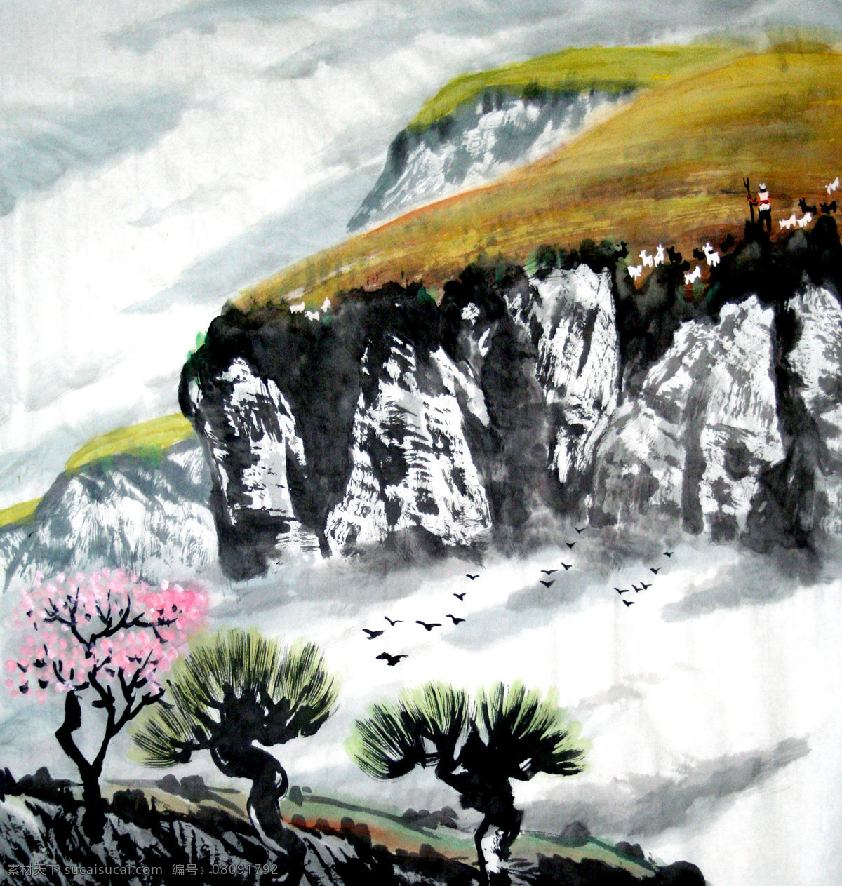 飞鸟 国画艺术 花木 绘画 绘画书法 美术 山岭 山坡 山崖 中国画 水墨画 写意画 树木 云雾 书法 印章 山水 专辑 文化艺术 装饰素材 雕刻 图案
