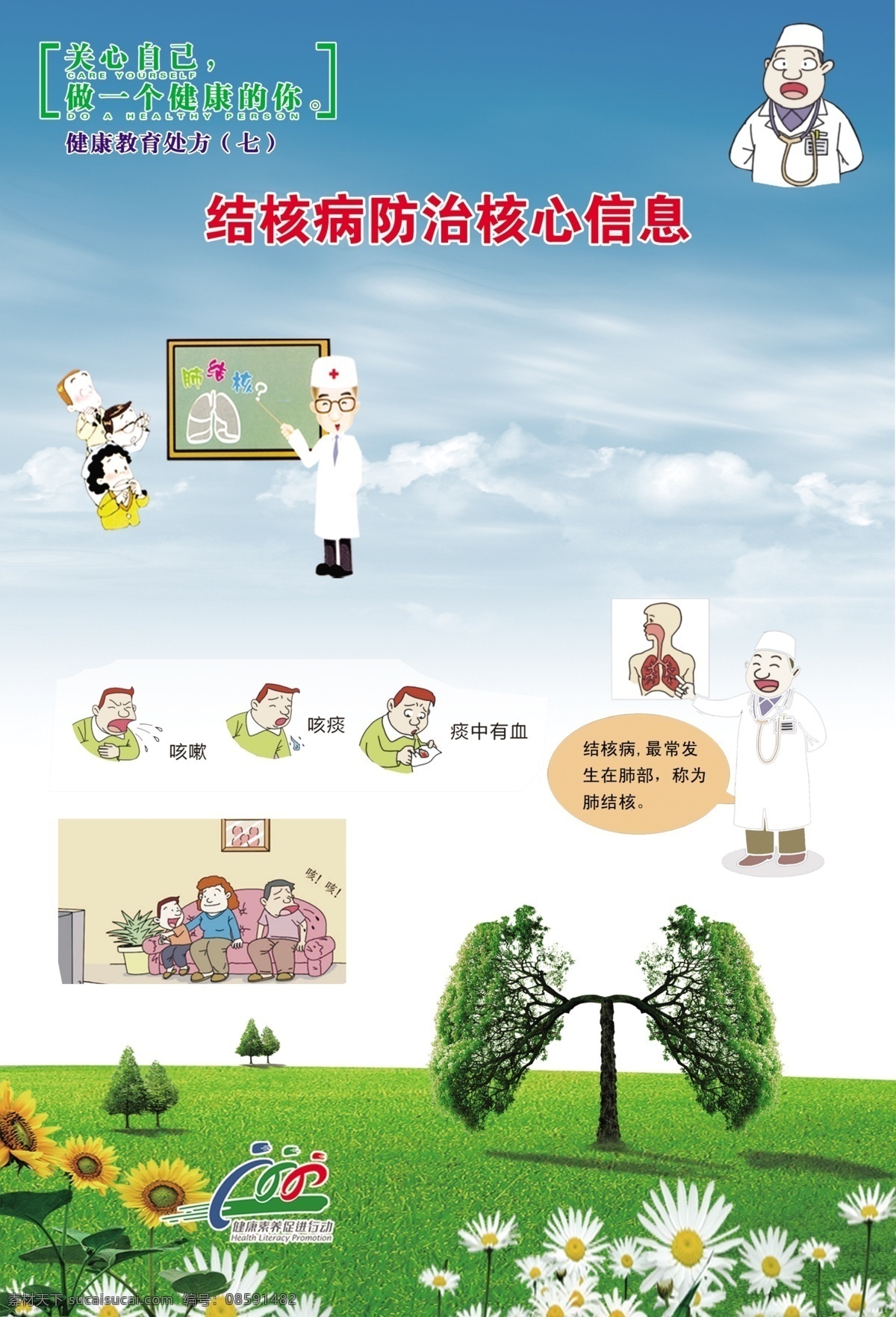 结核病分层图 结核病预防 咳嗽咳痰 健康素养 促进行动标志 有关结核病 肺结核漫画图 健康教育处方 卡通医生 绿草地 雏菊 向日葵 树木 分层