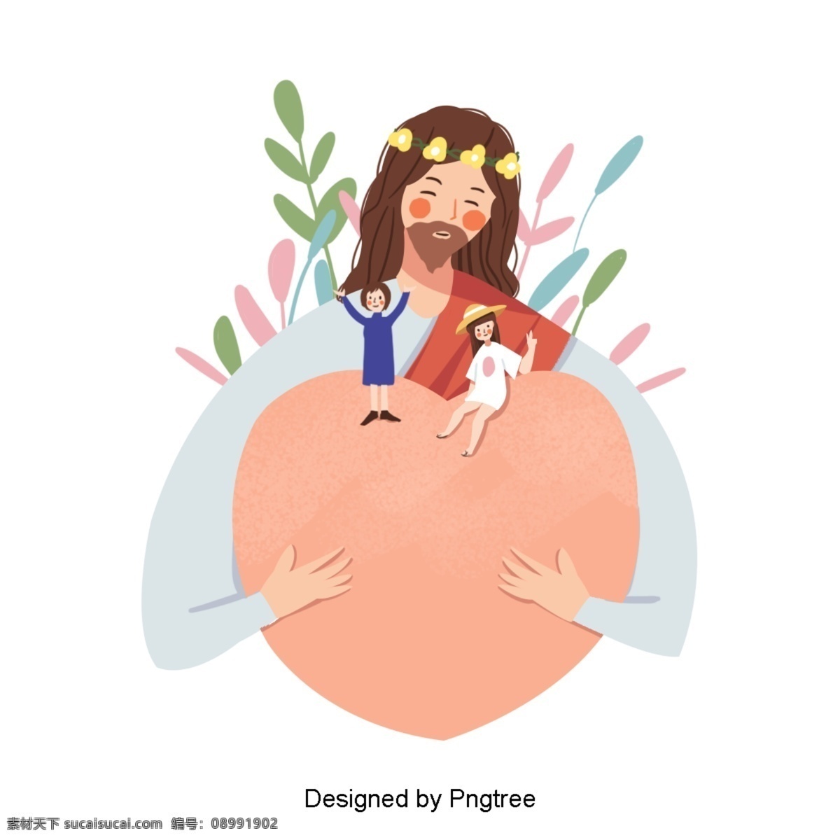 手绘 插图 儿童 爱 耶稣 小女孩 快乐 叶子 拥抱 刮 仁爱 善良 温暖