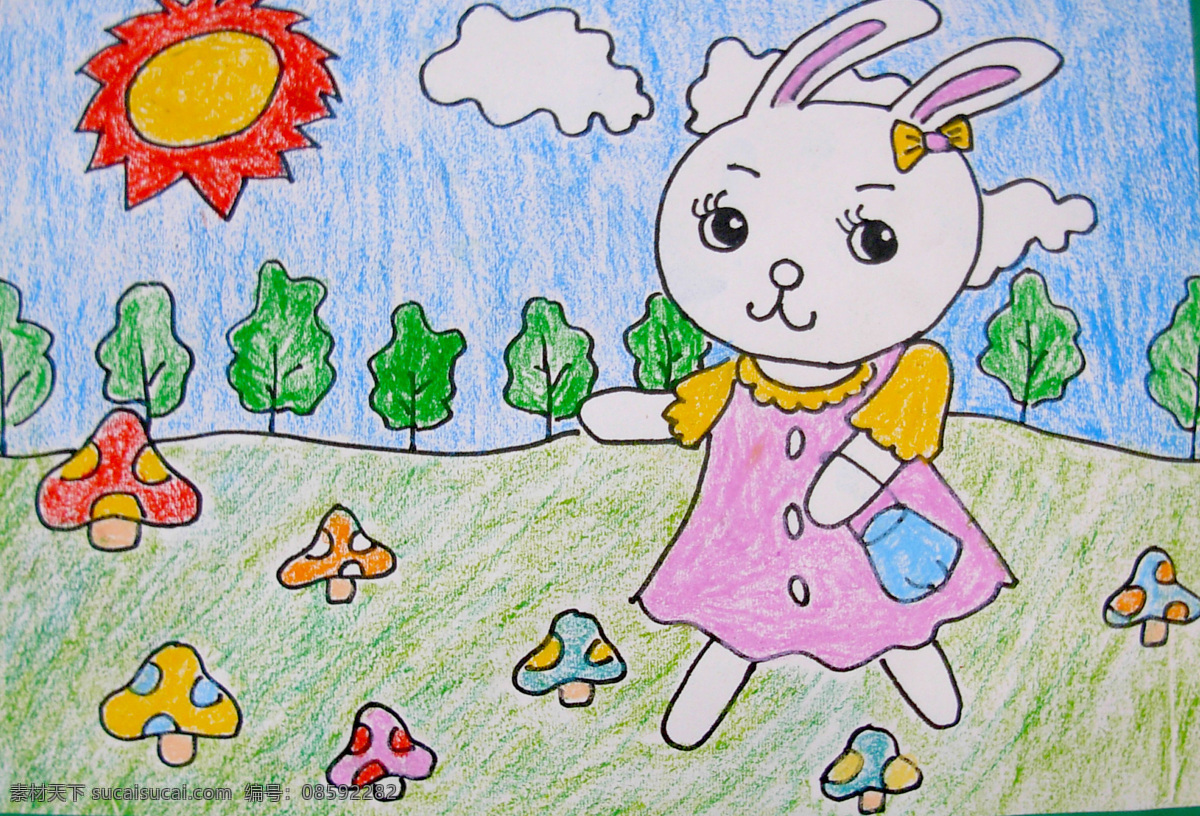 儿童画 彩色 小白兔 蘑菇 绘画 绘画书法 文化艺术