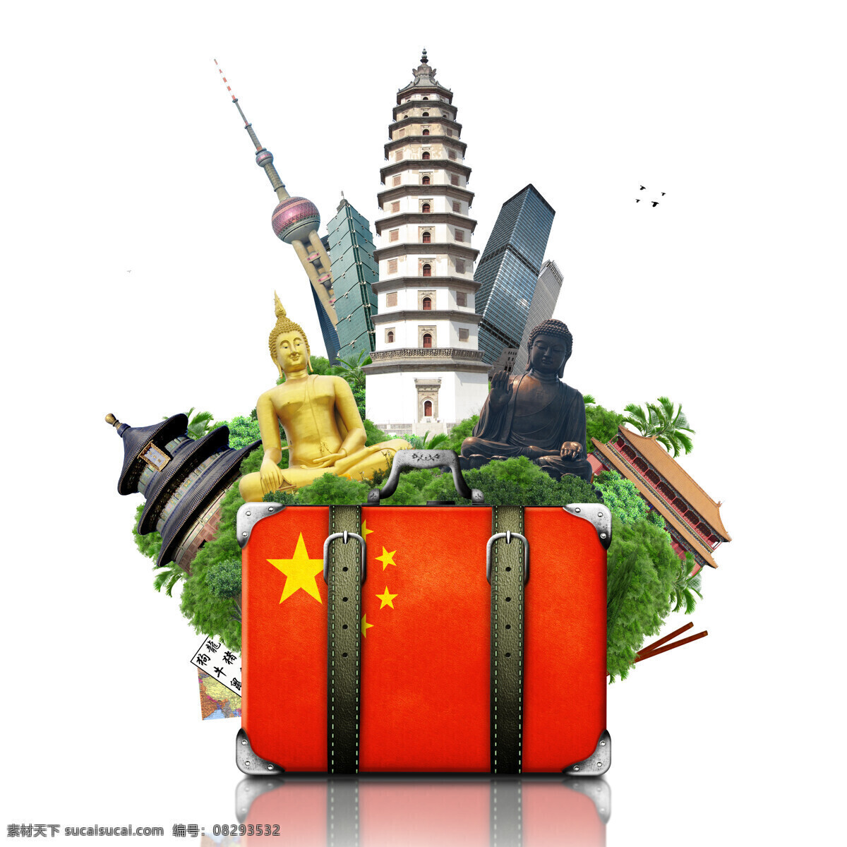 国旗 旅行箱 后 旅游景区 中国国旗 佛 东方明珠 天安门 其他类别 生活百科 白色