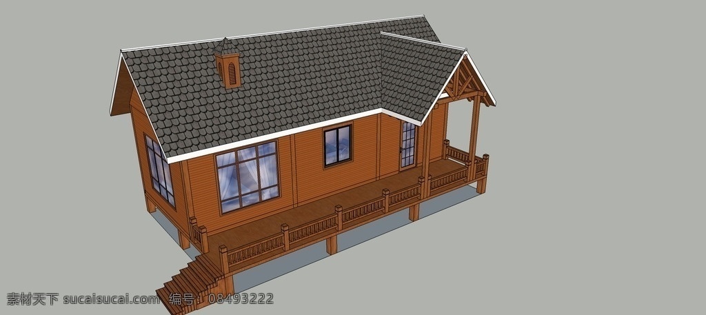 景点度假木屋 木屋 度假 坡屋面 扶手 防腐木 油毡瓦 园林设计 3d设计 室外模型 skp