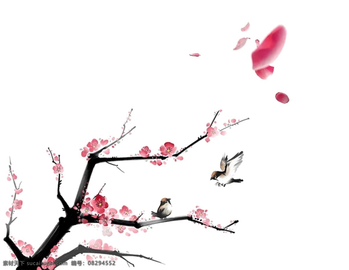 水墨 桃花 飞翔 麻雀 元素 中国风 水墨画 粉色桃花 图书封面 平面装饰 飞翔的麻雀
