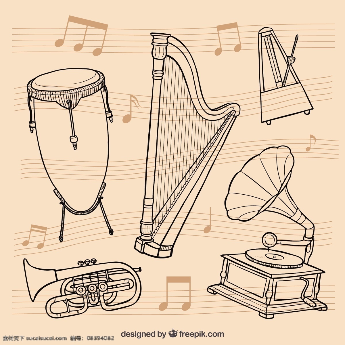 手绘 复古 音乐 乐器 手 制图 老式复古 画 粗略的 仪器 白色