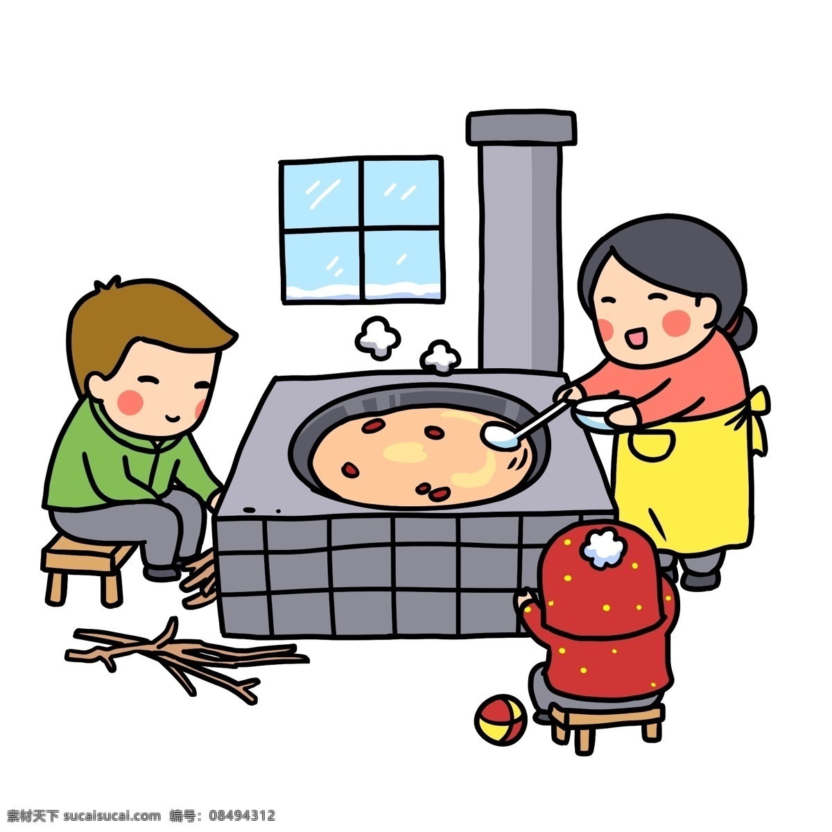 卡通 手绘 传统 中式 做饭 中式做饭 插画 灶 烧火 大锅 一家人 幸福 厨房 手绘厨房 煮饭插画